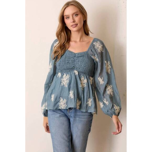 POLAGRAM Tops - NEW POLAGRAM embroidered smocked blouse in dusty blue